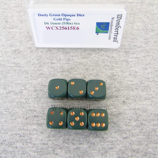 WCX25615E6 Dusty Green Opaque Dice Copper Pips D6 16mm (5/8in) Pack of 6 Main Image