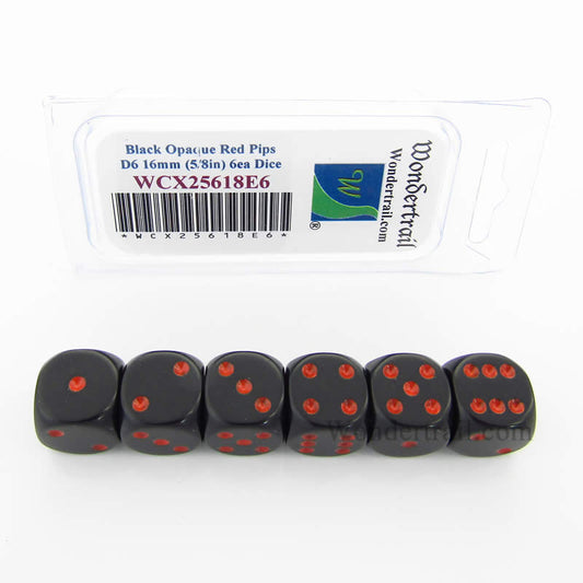 WCX25618E6 Black Opaque Dice Red Pips D6 16mm Pack of 6 Main Image
