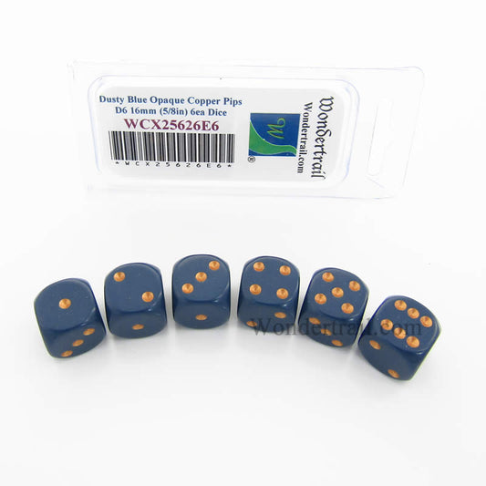WCX25626E6 Dusty Blue Opaque Dice Copper Pips D6 16mm Pack of 6 Main Image