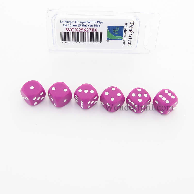 WCX25627E6 Light Purple Opaque Dice White Pips D6 16mm Pack of 6 Main Image