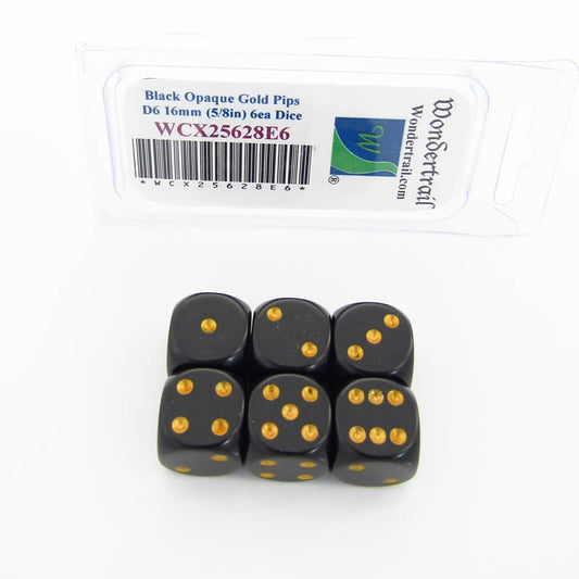 WCX25628E6 Black Opaque Dice Gold Pips D6 16mm Pack of 6 Main Image
