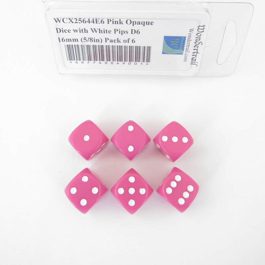WCX25644E6 Pink Opaque Dice with White Pips D6 16mm (5/8in) Pack of 6 Main Image