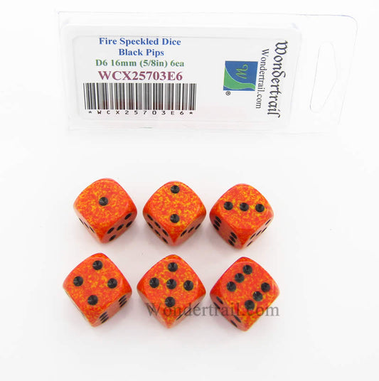 WCX25703E6 Fire Speckled Dice Black Pips D6 16mm Pack of 6 Main Image