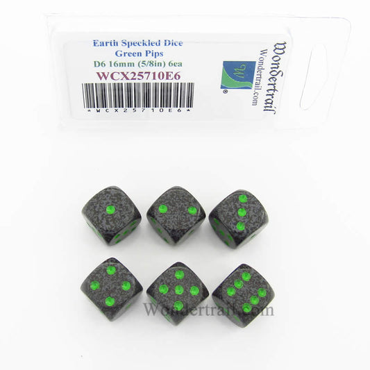 WCX25710E6 Earth Speckled Dice Green Pips D6 16mm Pack of 6 Main Image