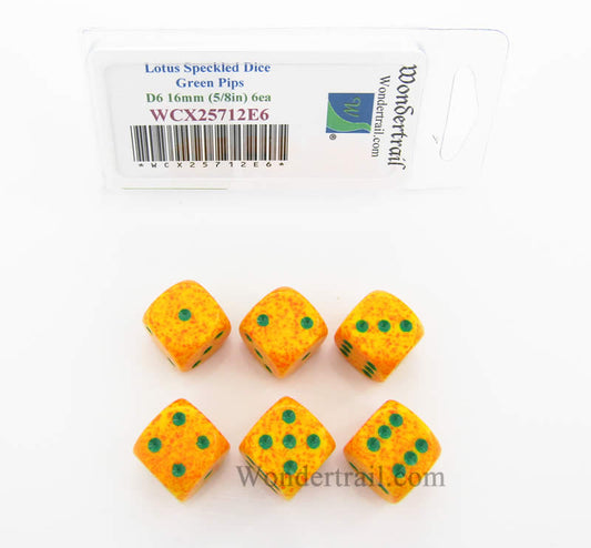 WCX25712E6 Lotus Speckled Dice Green Pips D6 16mm Pack of 6 Main Image