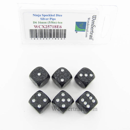 WCX25718E6 Ninja Speckled Dice Silver Pips D6 16mm Pack of 6 Main Image