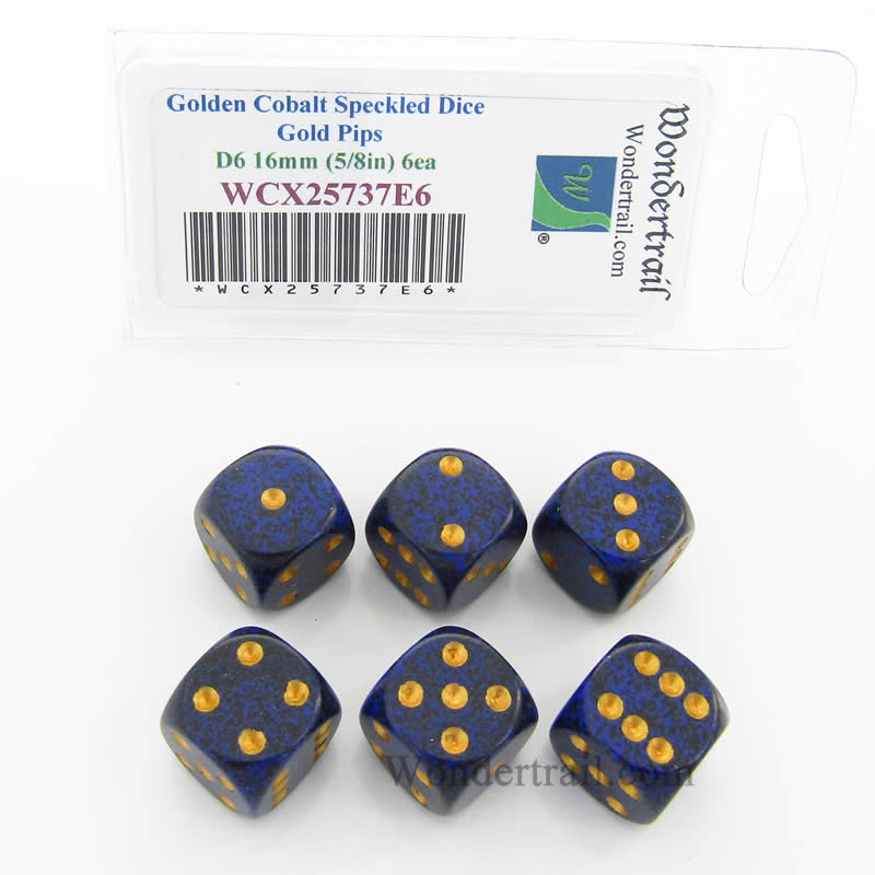 WCX25737E6 Golden Cobalt Speckled Dice Gold Pips D6 16mm Pack of 6 Main Image