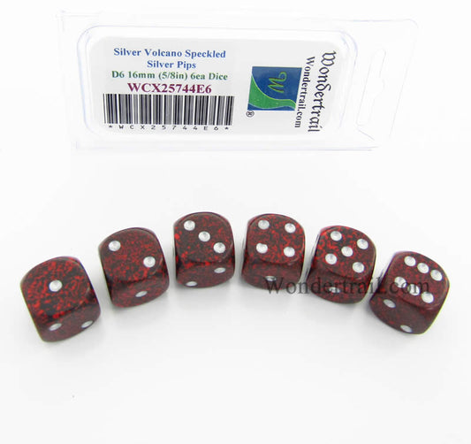 WCX25744E6 Silver Volcano Speckled Dice Silver Pips D6 16mm Pack of 6 Main Image