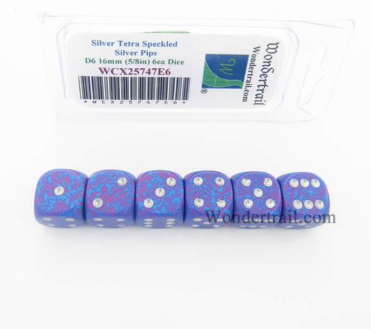 WCX25747E6 Silver Tetra Speckled Dice Silver Pips D6 16mm Pack of 6 Main Image