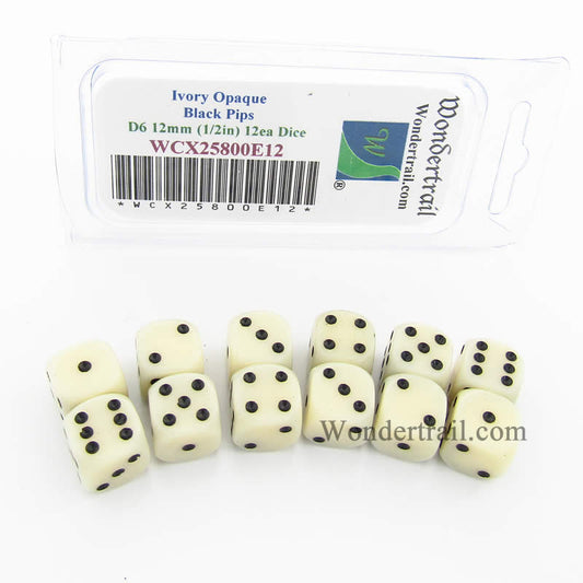 WCX25800E12 Ivory Dice with Black Pips D6 12mm (1/2in) Pack of 12 Main Image