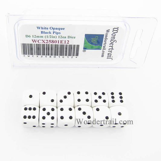 WCX25801E12 White Dice with Black Pips D6 12mm (1/2in) Pack of 12 Main Image