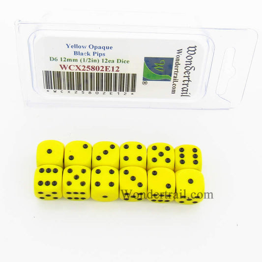 WCX25802E12 Yellow Dice Black Pips D6 12mm (1/2in) Pack of 12 Main Image