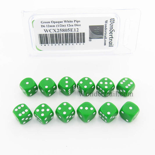 WCX25805E12 Green Dice with White Pips D6 12mm (1/2in) Pack of 12 Main Image
