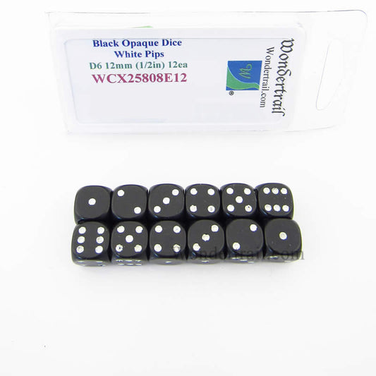 WCX25808E12 Black Dice with White Pips D6 12mm (1/2in) Pack of 12 Main Image