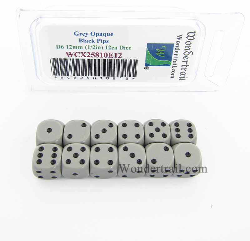 WCX25810E12 Grey Dice with Black Pips D6 12mm (1/2in) Pack of 12 Main Image