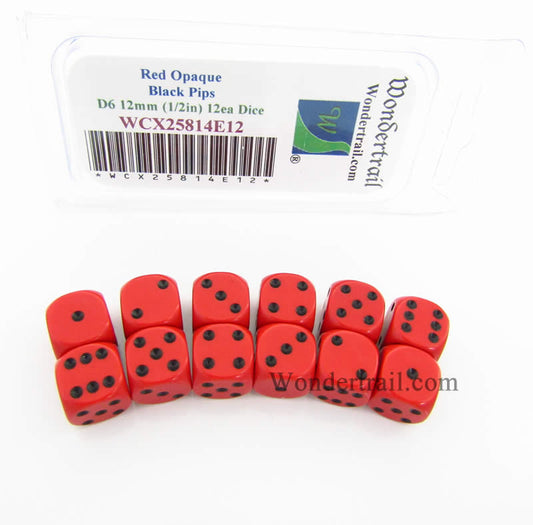 WCX25814E12 Red Dice with Black Pips D6 12mm (1/2in) Pack of 12 Main Image