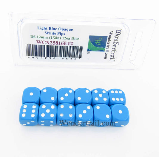 WCX25816E12 Light Blue Dice White Pips D6 12mm (1/2in) Pack of 12 Main Image