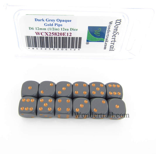 WCX25820E12 Dark Grey Dice Gold Pips D6 12mm (1/2in) Pack of 12 Main Image
