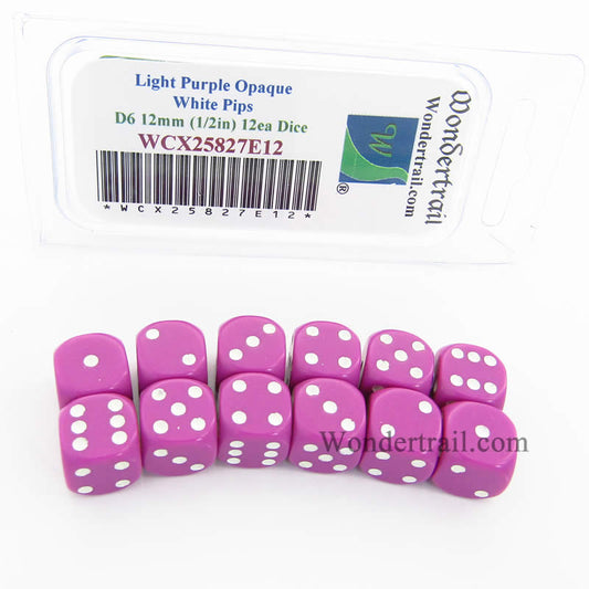 WCX25827E12 Light Purple Dice White Pips D6 12mm (1/2in) Pack of 12 Main Image