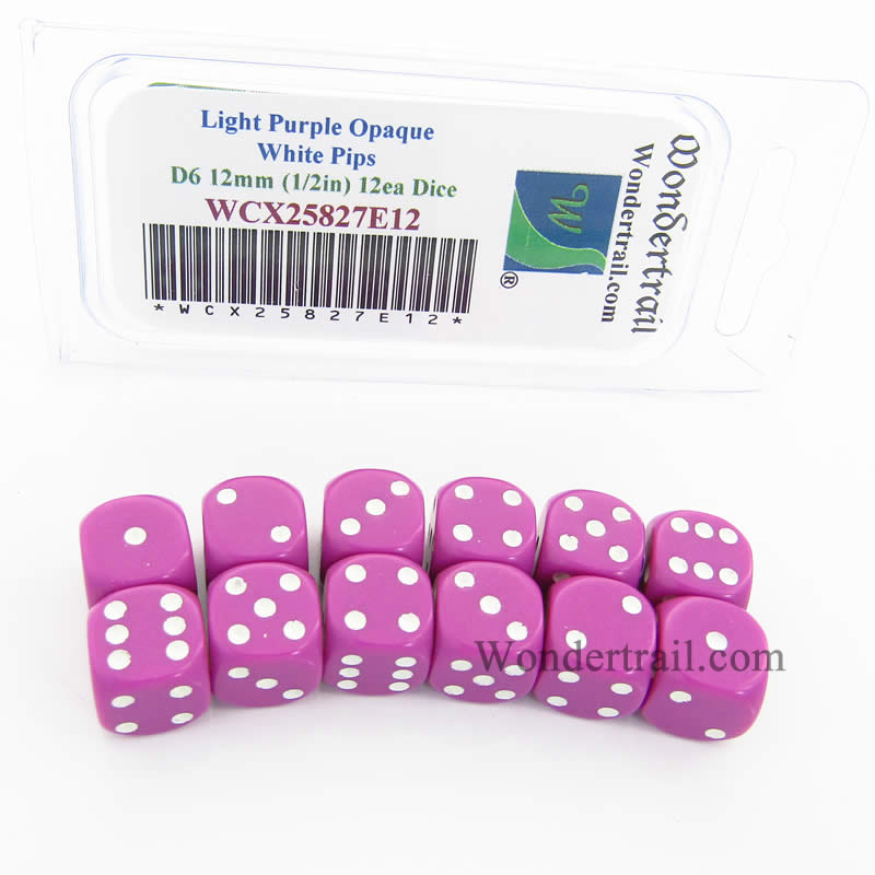 WCX25827E12 Light Purple Dice White Pips D6 12mm (1/2in) Pack of 12 Main Image