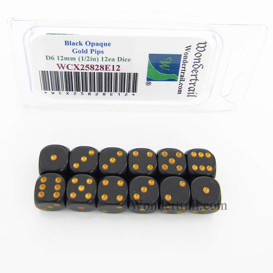 WCX25828E12 Black Dice with Gold Pips D6 12mm (1/2in) Pack of 12 Main Image