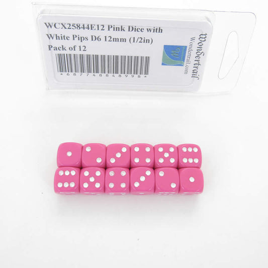 WCX25844E12 Pink Dice with White Pips D6 12mm (1/2in) Pack of 12 Main Image