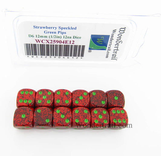 WCX25904E12 Strawberry Speckled Dice Green Pips D6 12mm Pack of 12 Main Image