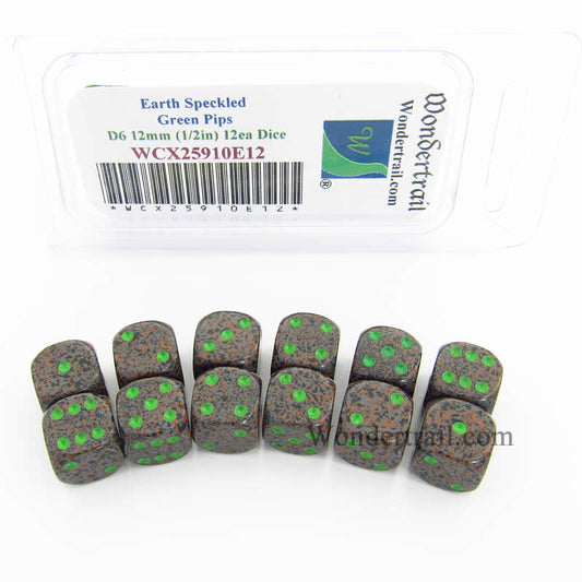 WCX25910E12 Earth Speckled Dice Green Pips D6 12mm Pack of 12 Main Image