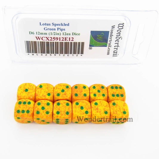 WCX25912E12 Lotus Speckled Dice Green Pips D6 12mm Pack of 12 Main Image