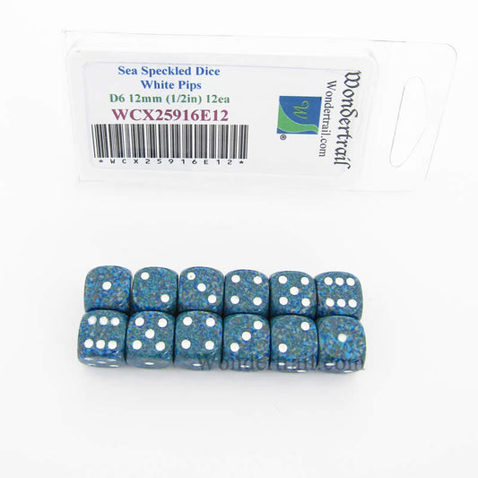 WCX25916E12 Sea Speckled Dice White Pips D6 12mm Pack of 12 Main Image