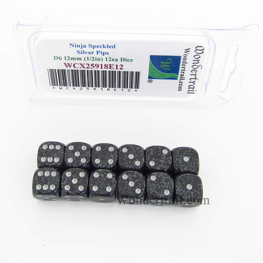WCX25918E12 Ninja Speckled Dice Silver Pips D6 12mm Pack of 12 Main Image