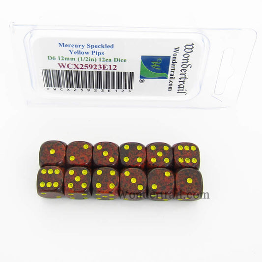 WCX25923E12 Mercury Speckled Dice Yellow Pips D6 12mm Pack of 12 Main Image