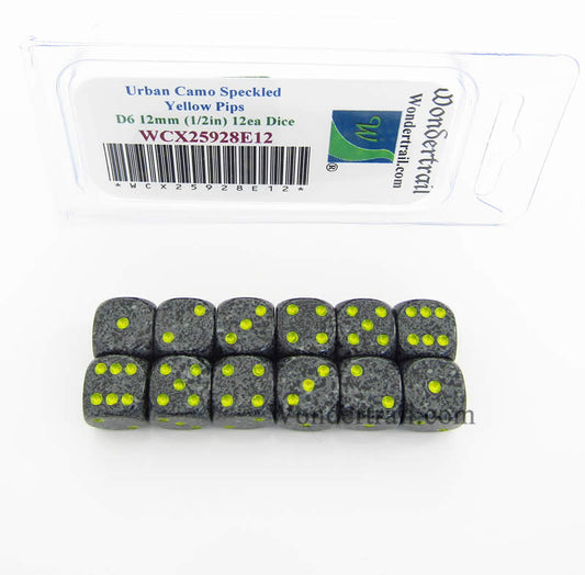 WCX25928E12 Urban Camo Speckled Dice Yellow Pips D6 12mm Pack of 12 Main Image