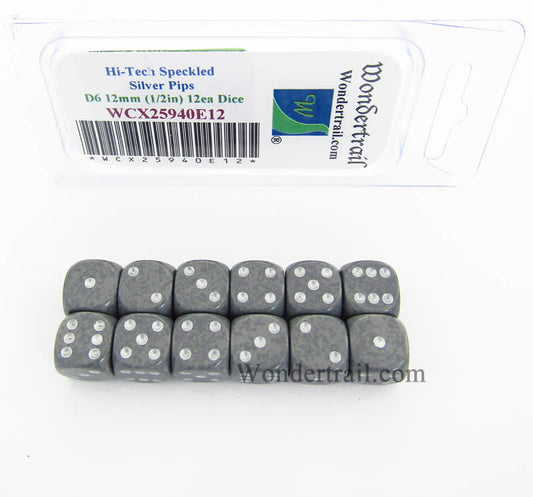 WCX25940E12 Hi Tech Speckled Dice Silver Pips D6 12mm Pack of 12 Main Image
