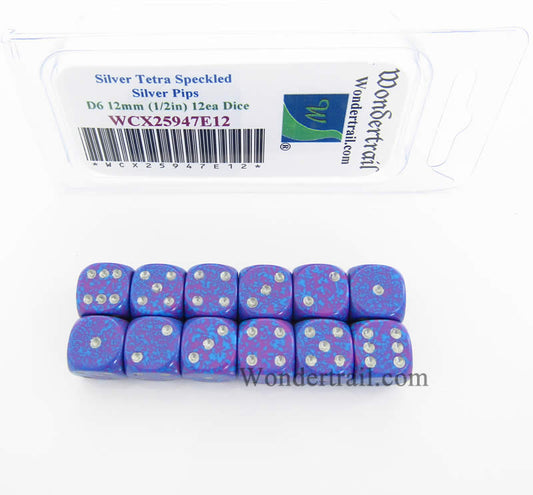 WCX25947E12 Silver Tetra Speckled Dice Silver Pips D6 12mm Pack of 12 Main Image