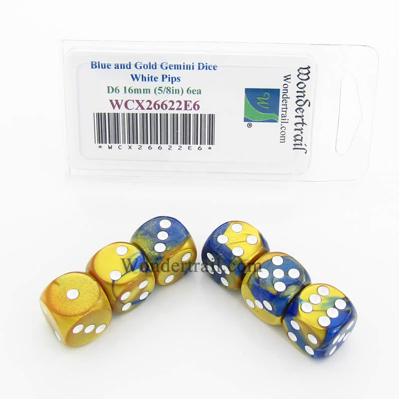 WCX26622E6 Blue Gold Gemini Dice White Pips D6 16mm Pack of 6 Main Image