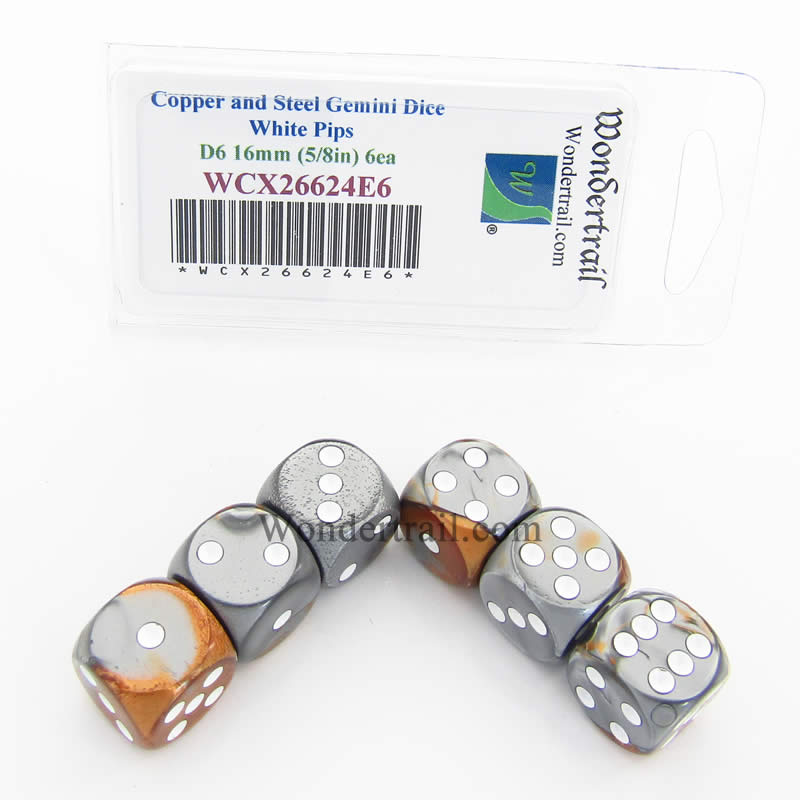 WCX26624E6 Copper Steel Gemini Dice White Pips D6 16mm Pack of 6 Main Image