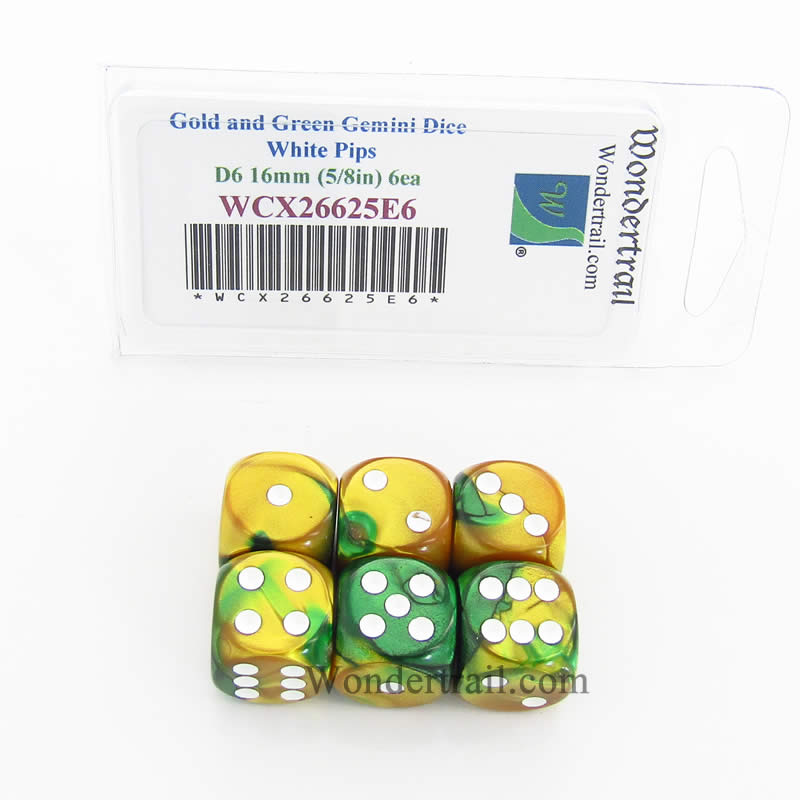 WCX26625E6 Gold Green Gemini Dice White Pips D6 16mm Pack of 6 Main Image