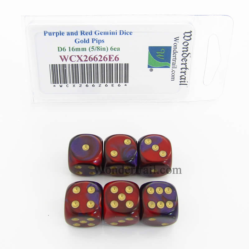 WCX26626E6 Purple Red Gemini Dice Gold Pips D6 16mm Pack of 6 Main Image