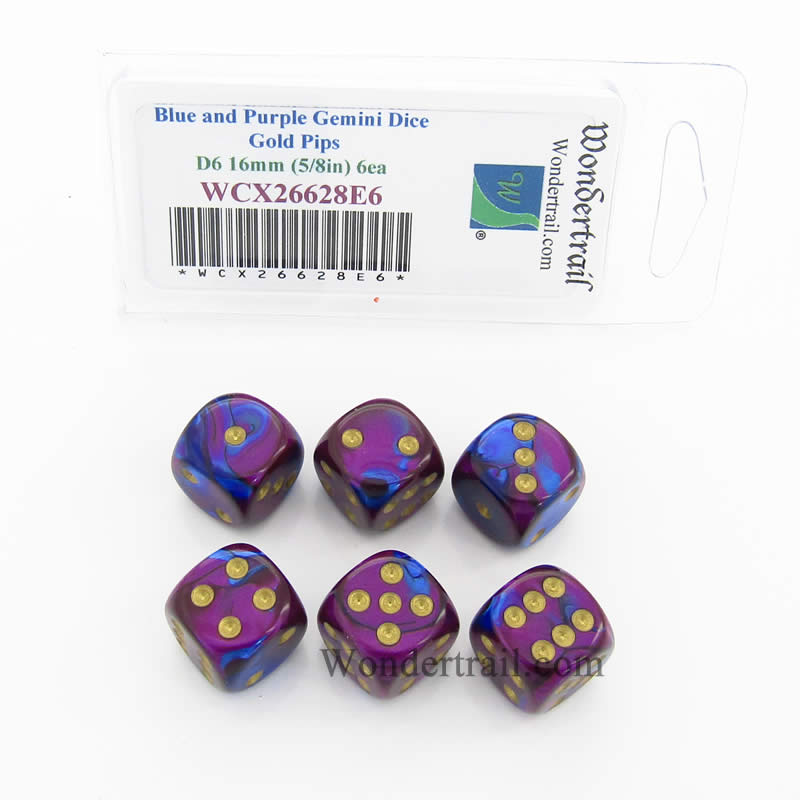 WCX26628E6 Blue Purple Gemini Dice Gold Pips D6 16mm Pack of 6 Main Image