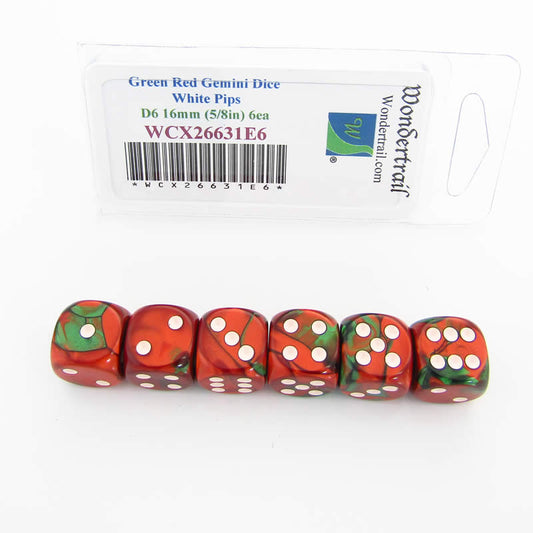 WCX26631E6 Green Red Gemini Dice White Pips D6 16mm Pack of 6 Main Image