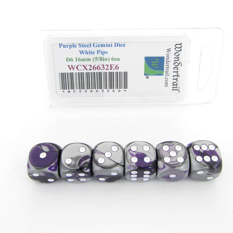 WCX26632E6 Purple Steel Gemini Dice White Pips D6 16mm Pack of 6 Main Image