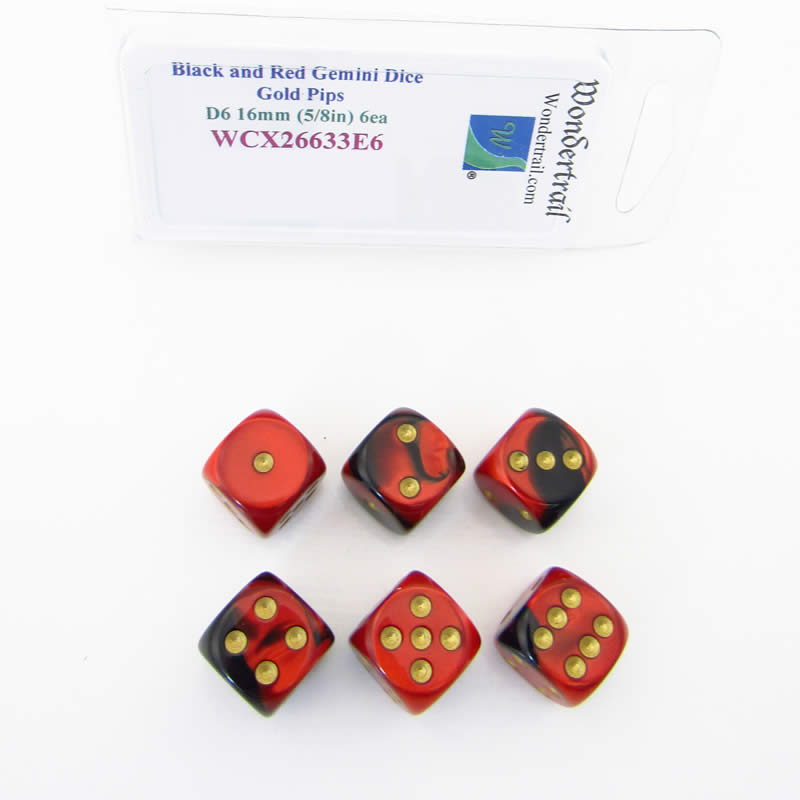 WCX26633E6 Black Red Gemini Dice Gold Pips D6 16mm Pack of 6 Main Image