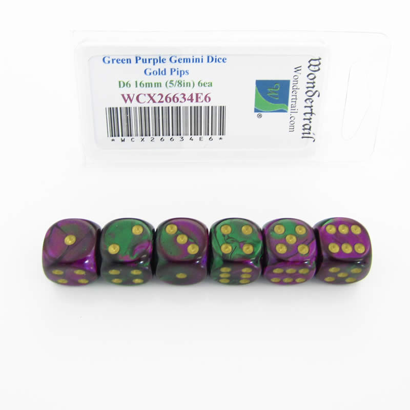 WCX26634E6 Green Purple Gemini Dice Gold Pips D6 16mm Pack of 6 Main Image