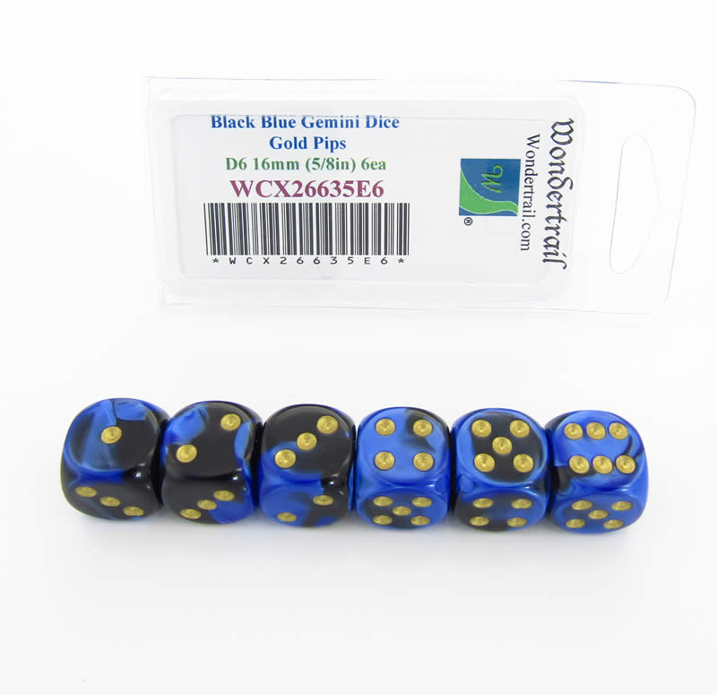 WCX26635E6 Black Blue Gemini Dice Gold Pips D6 16mm Pack of 6 Main Image