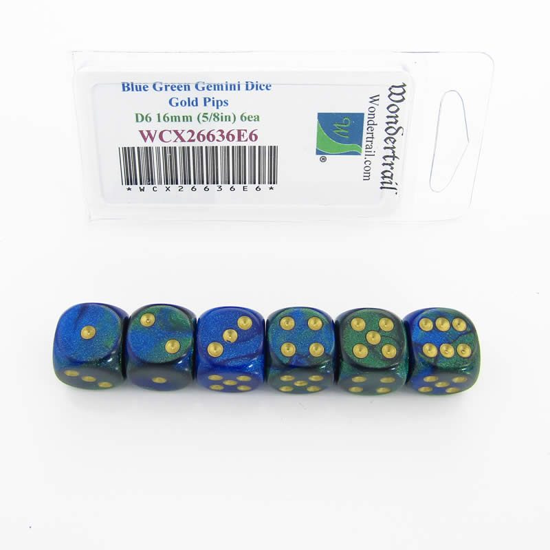 WCX26636E6 Blue Green Gemini Dice Gold Pips D6 16mm Pack of 6 Main Image