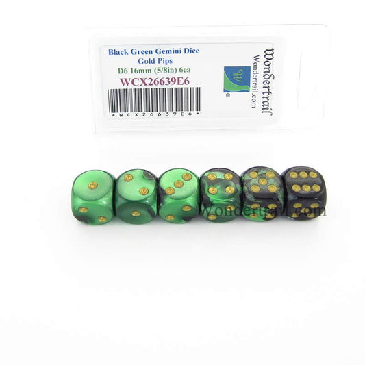 WCX26639E6 Black Green Gemini Dice Gold Pips D6 16mm Pack of 6 Main Image