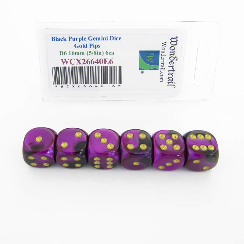 WCX26640E6 Black Purple Gemini Dice Gold Pips D6 16mm Pack of 6 Main Image