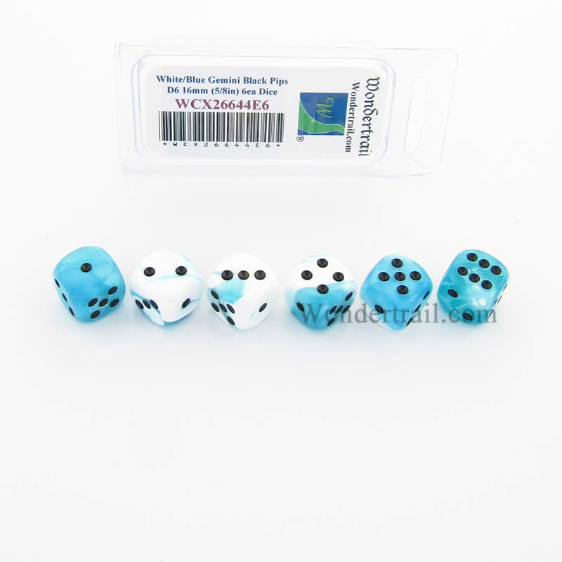 WCX26644E6 White Teal Gemini Dice Black Pips D6 16mm Pack of 6 Main Image