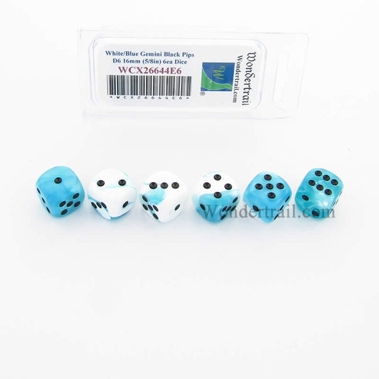 WCX26644E6 White Teal Gemini Dice Black Pips D6 16mm Pack of 6 Main Image